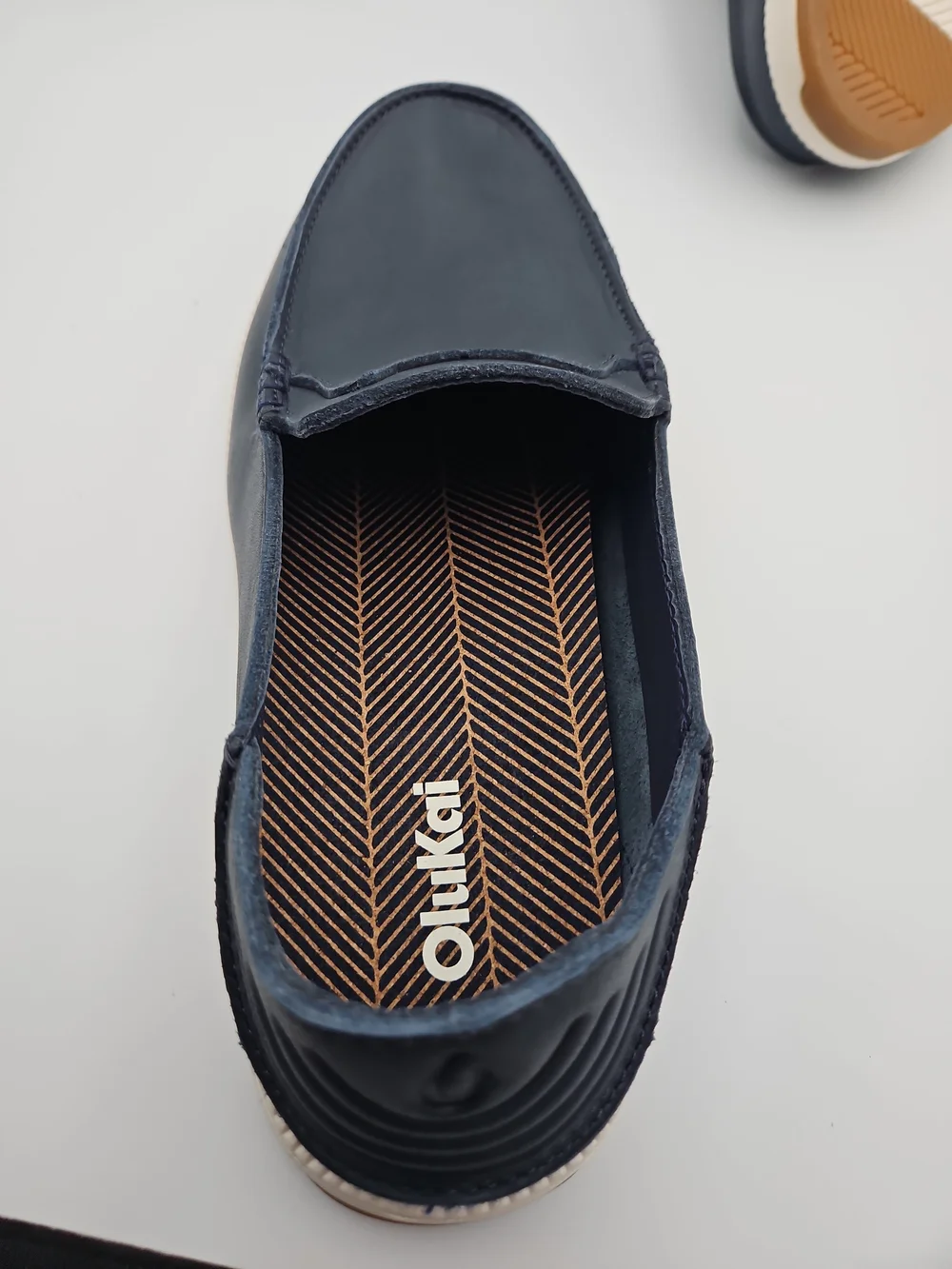 OluKai Men's Navy Leather Slip-On Loafers with Cream Sole
